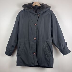 Talbots Womens Coat Jacket Sz S Black Vintage Faux Fur Hood Cool Weather Buttons